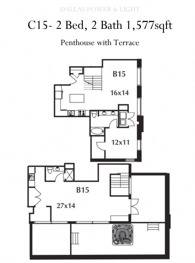 Floor plan for 2 beds, 2 baths, 1577 sqft